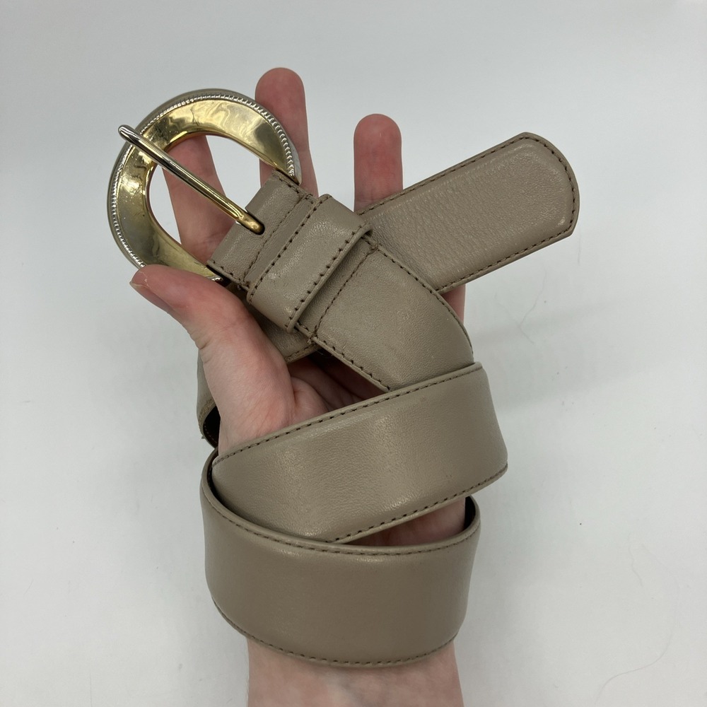 Vtg. Liz Claiborne Taupe Leather Belt Womens S P Gold Buckle Classic Minimalist